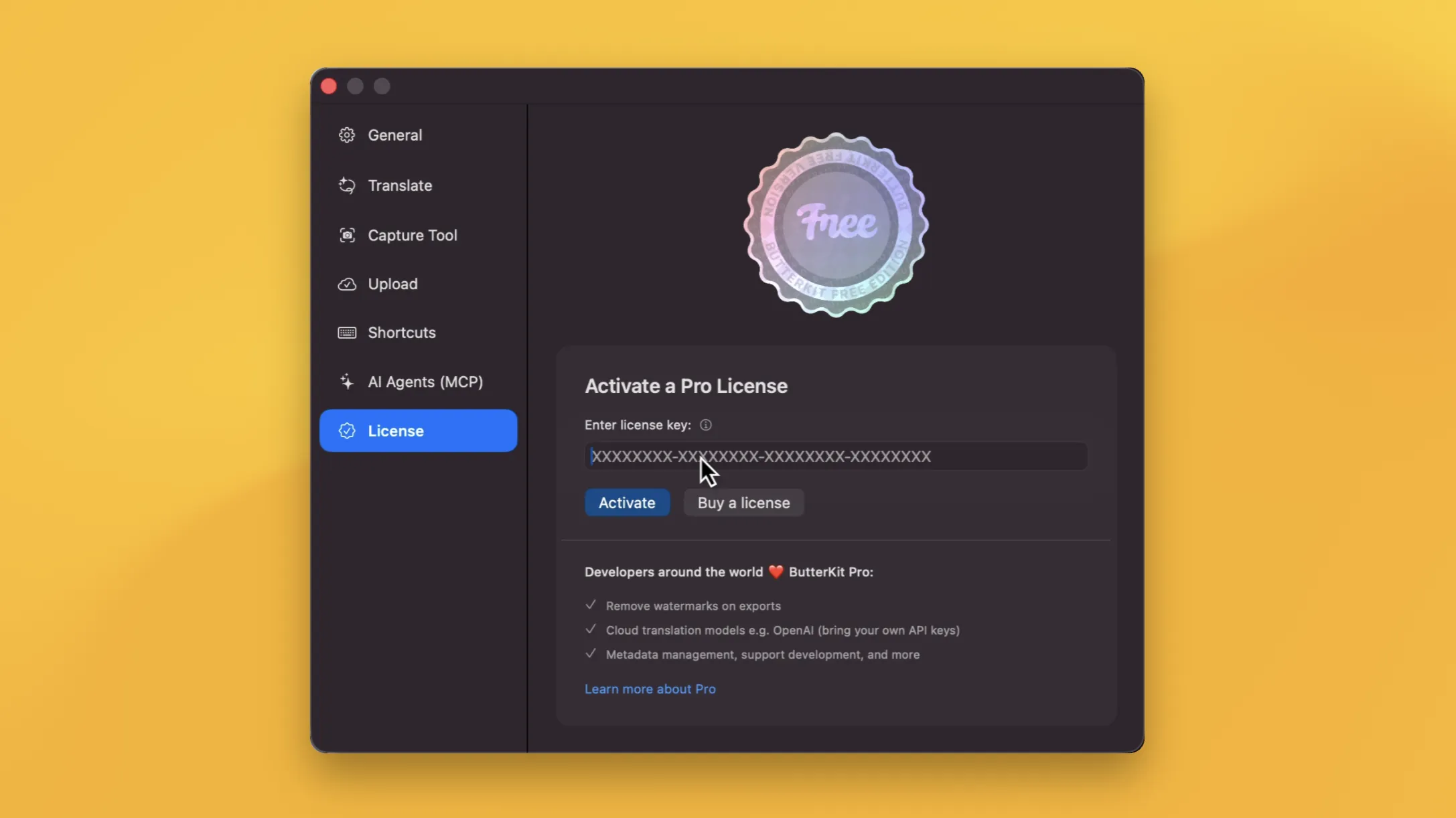 Example of the ButterKit license activation UI