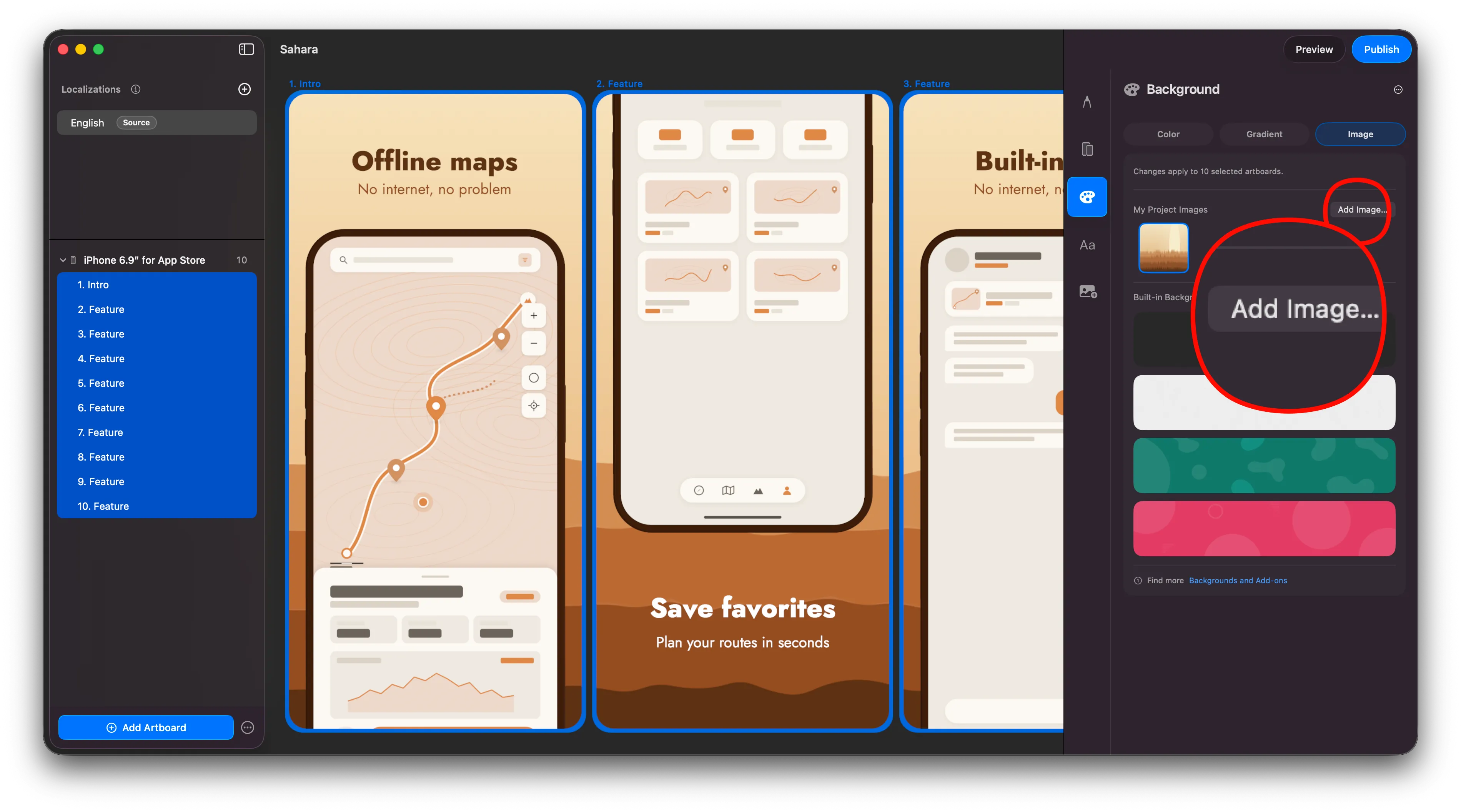 An example showing where in ButterKit UI to apply panoramic backgrounds