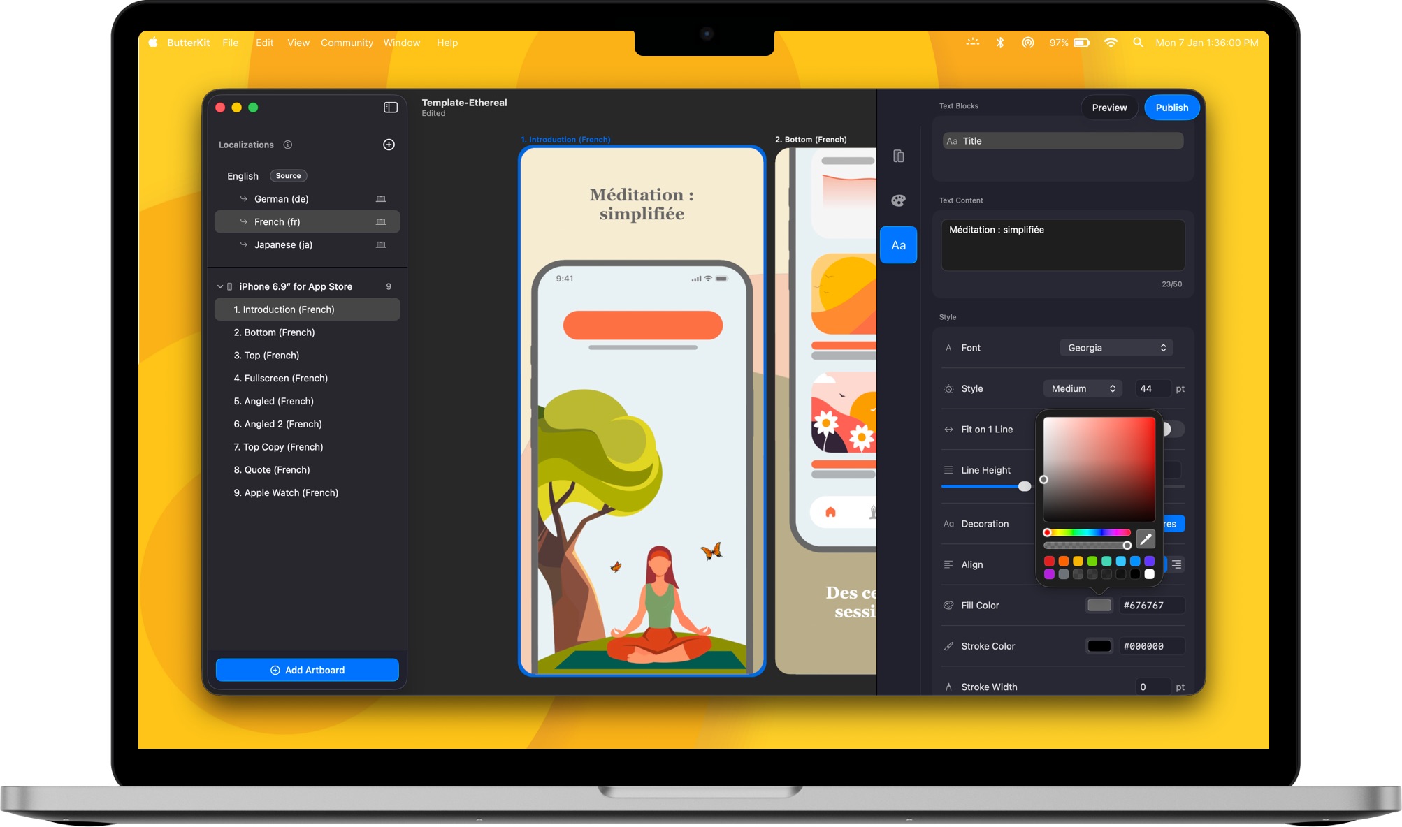ButterKit app showing App Store screenshot localization workflow