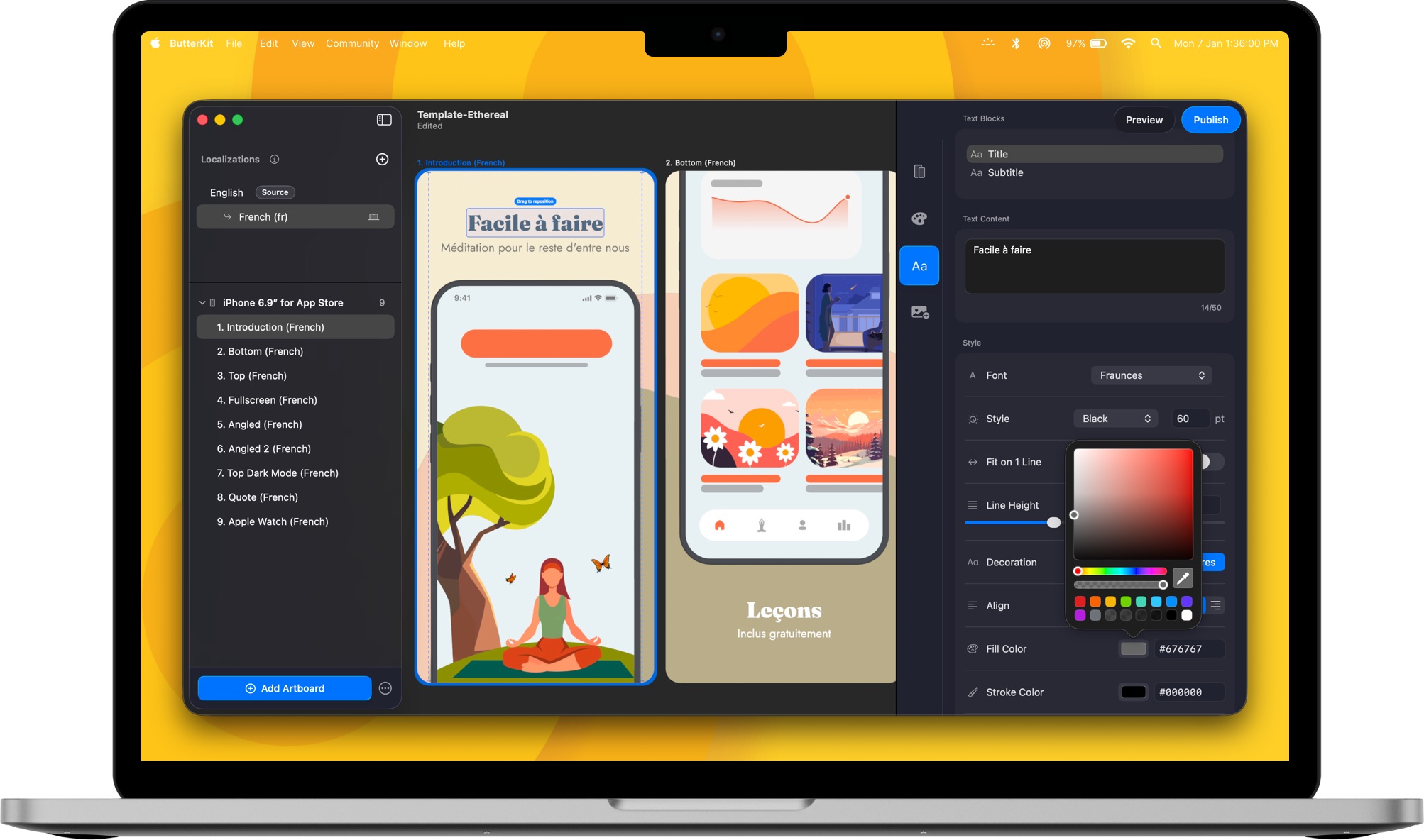 ButterKit app showing App Store screenshot localization workflow