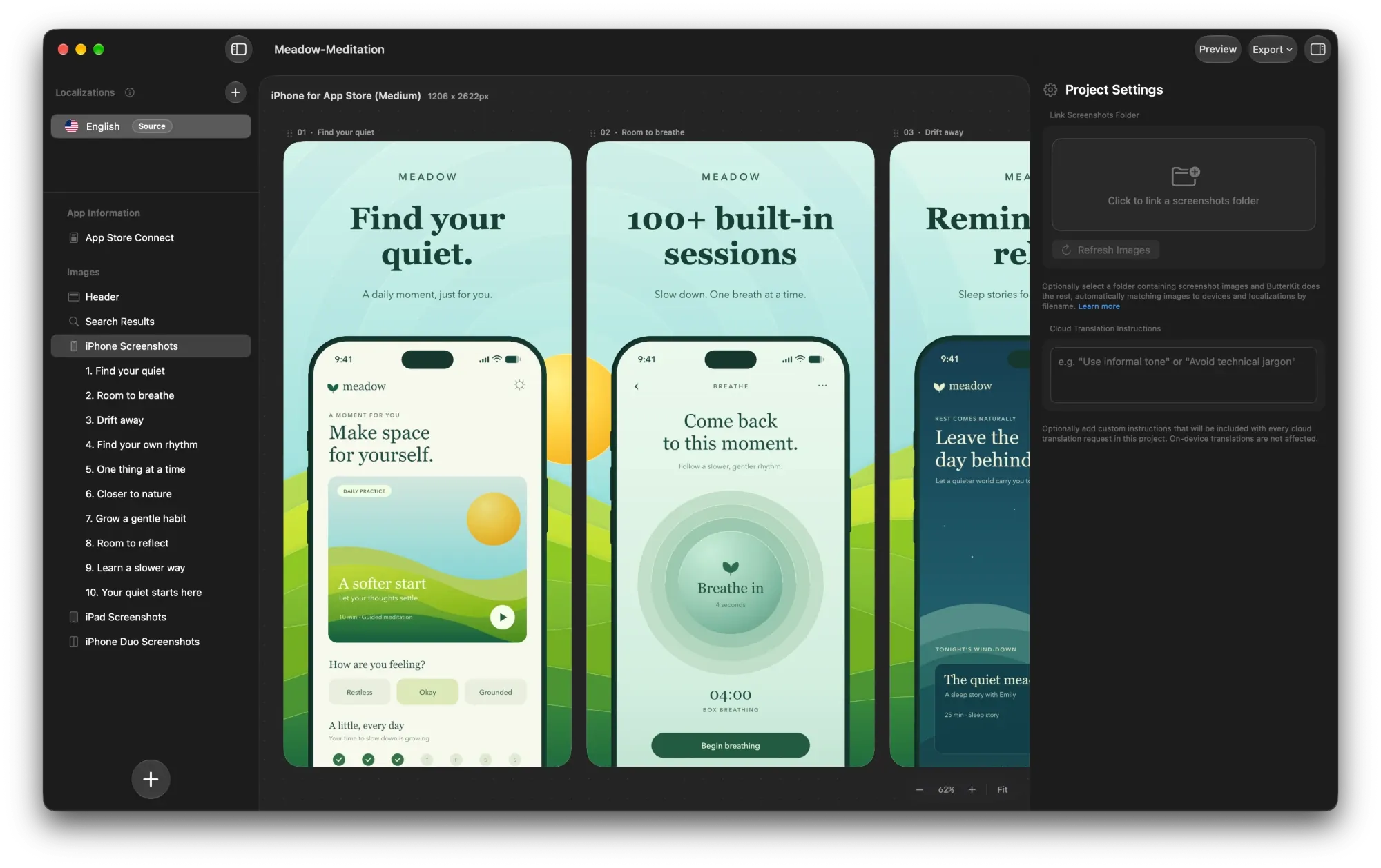 The Meadow Meditation template open in ButterKit, showing its iPhone App Store screenshots