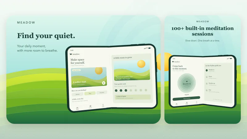 Meadow Meditation App Store screenshots for iPhone Duo