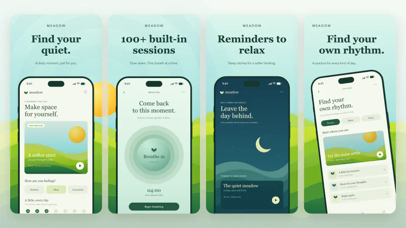Meadow Meditation App Store screenshots for iPhone