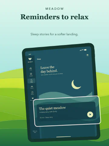 Meadow Meditation for iPad, screenshot 3: Reminders to relax. Sleep stories for a softer landing.