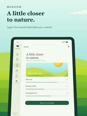 Meadow Meditation for iPad, screenshot 6: A little closer to nature. Layer the sounds that help you unwind.