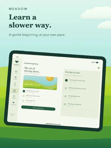 Meadow Meditation for iPad, screenshot 9: Learn a slower way. A gentle beginning, at your own pace.