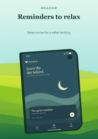 Meadow Meditation for iPhone Duo, screenshot 3: Reminders to relax. Sleep stories for a softer landing.