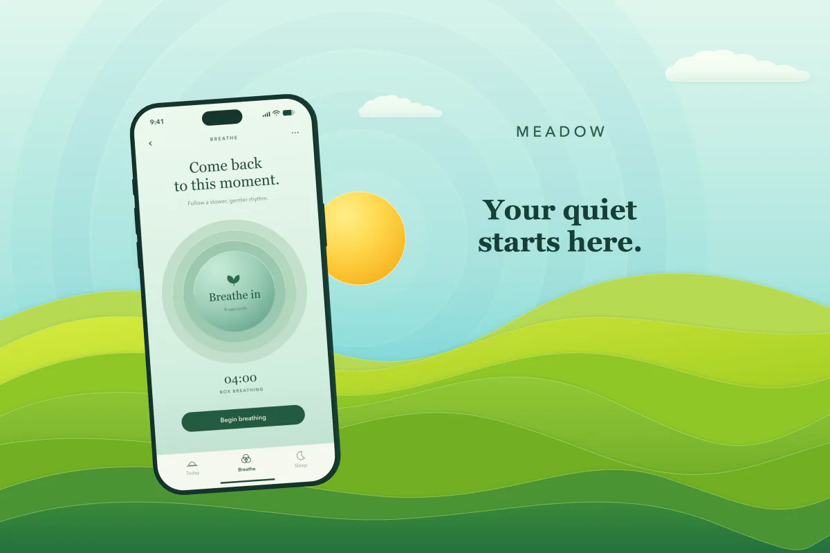 Meadow Meditation App Store search results: Your quiet starts here.