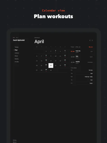 Minimalist Dark for iPad, screenshot 6: Plan workouts. Calendar view.